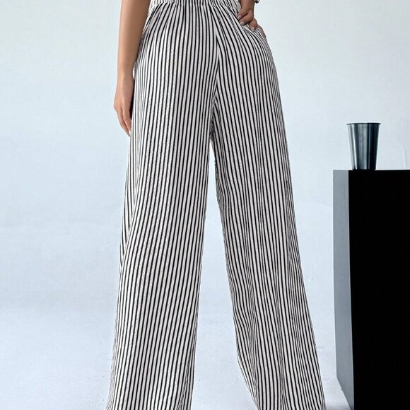 Black And White Casual Women's Striped & Printed Long Pants - Picture 3 of 5